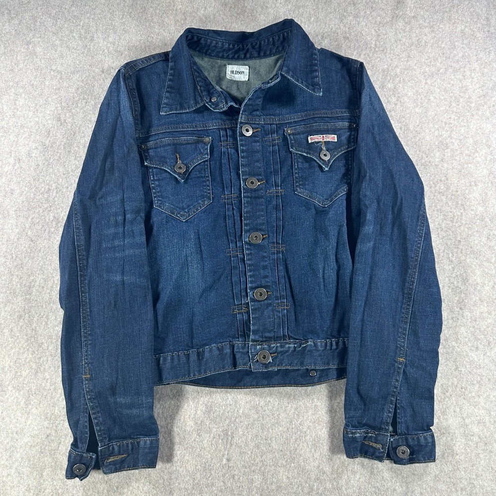 Hudson Jeans Womens Fitted Denim Trucker Jacket Dark Wash Blue Fits Like Small
